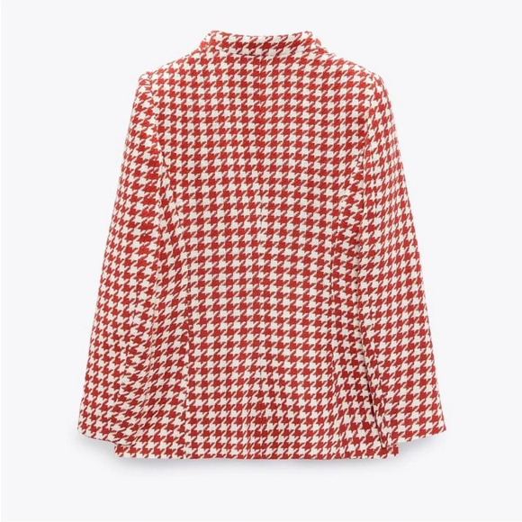 ZARA Luxury Ecru Red Collarless Long Sleeve Textured Houndstooth Jacket Size S - Picture 3 of 9